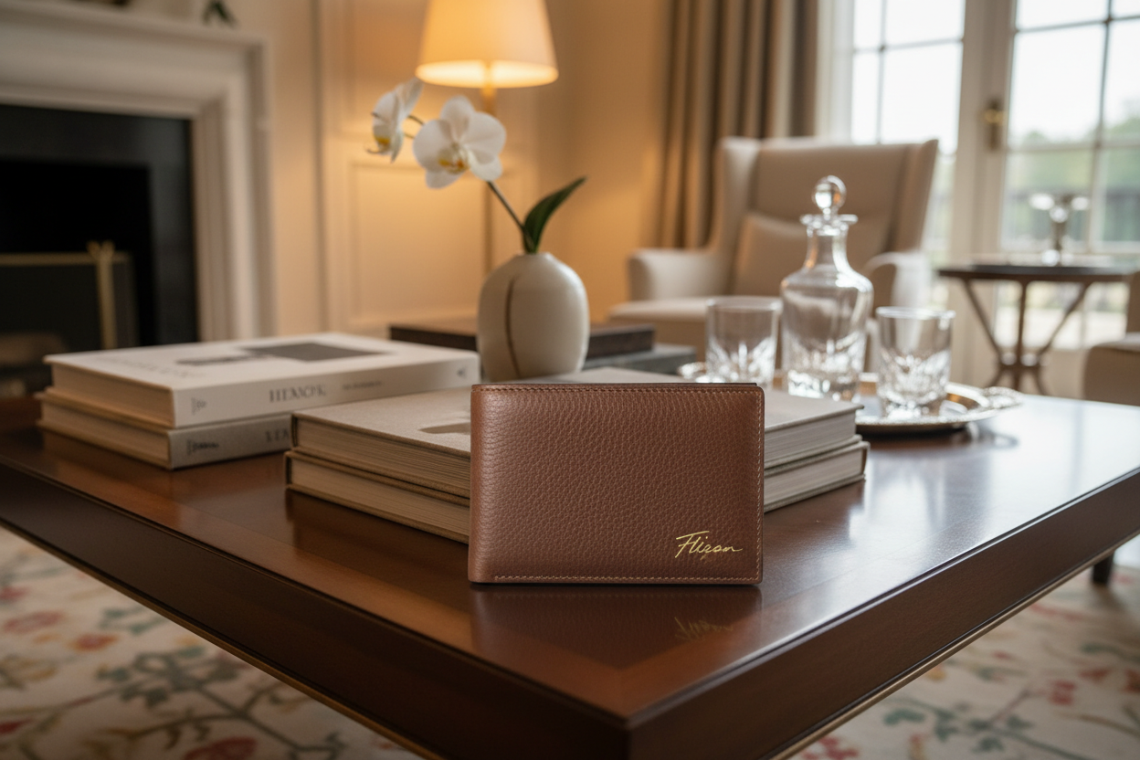 un portefeuille fermer en cuir sur une table de café luxieus avec une signature Ftizan